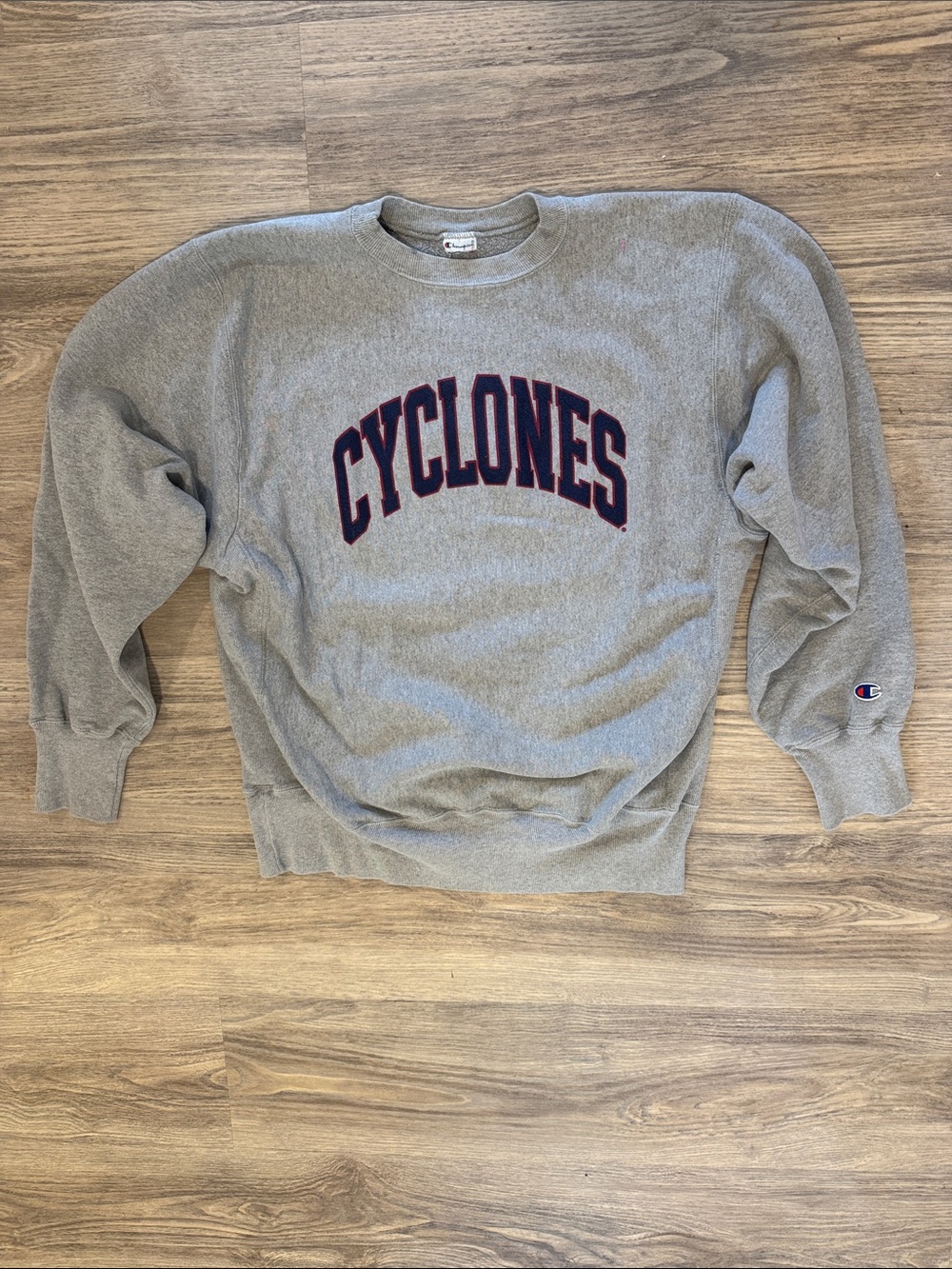 Champion Vintage Gray Crewneck with Navy and Red 'Cyclones' Arch